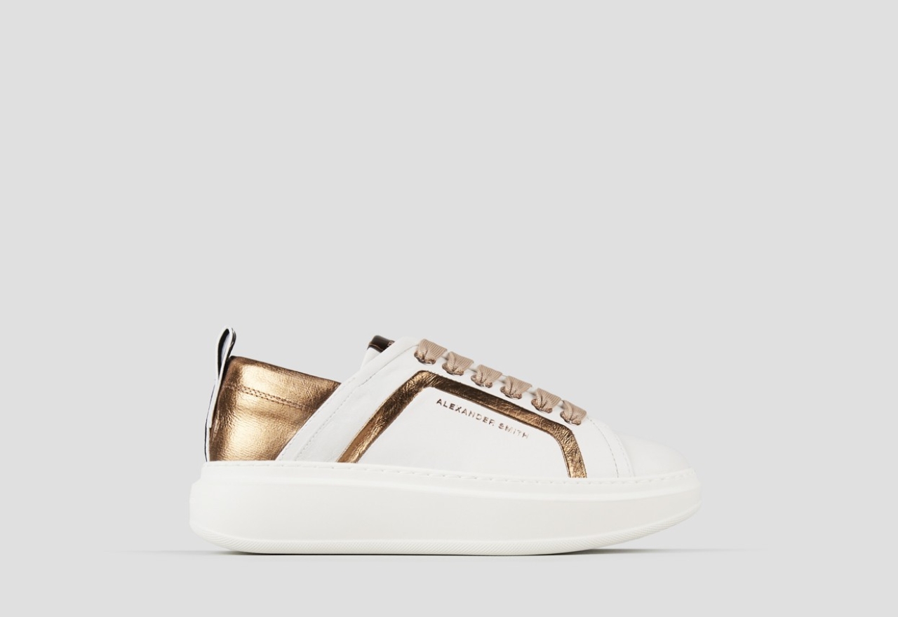 Sneakers Alexander Smith wembley woman in white leather with bronze side ribbing and heel - 1