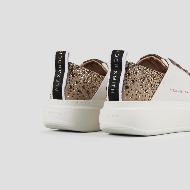 Sneakers Alexander Smith wembley woman in white leather and rhinestones beige heel - 4