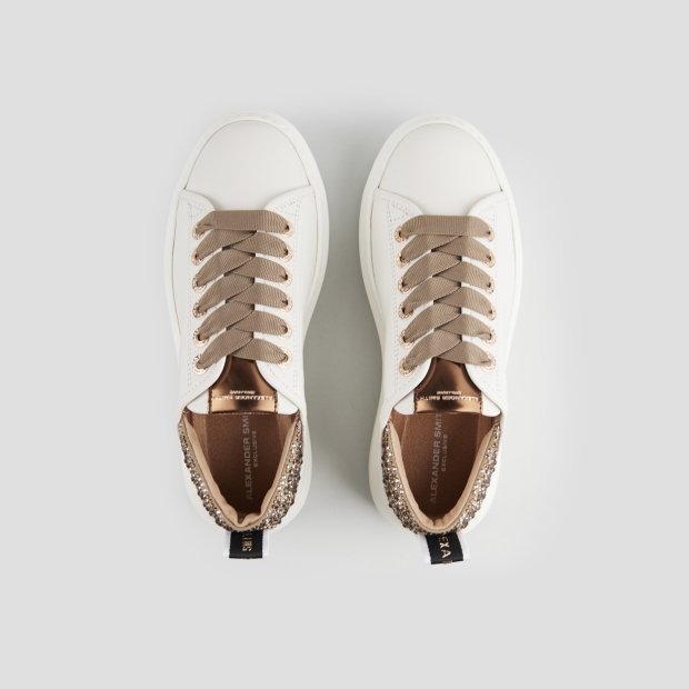 Sneakers Alexander Smith wembley woman in white leather and rhinestones beige heel - 5