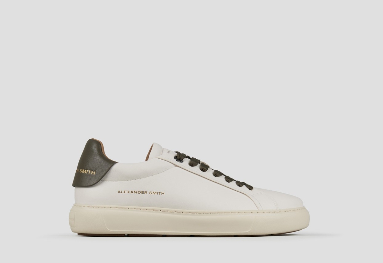 Sneakers Alexander Smith soho man in smooth white leather with green back and laces - 1