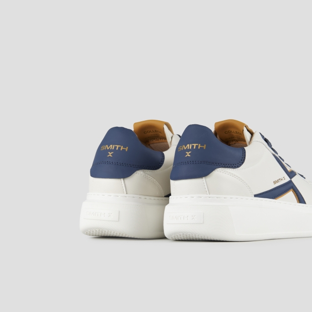 Sneakers Alexander Smith college man in white leather, blue logo and back, and mustard details - 5