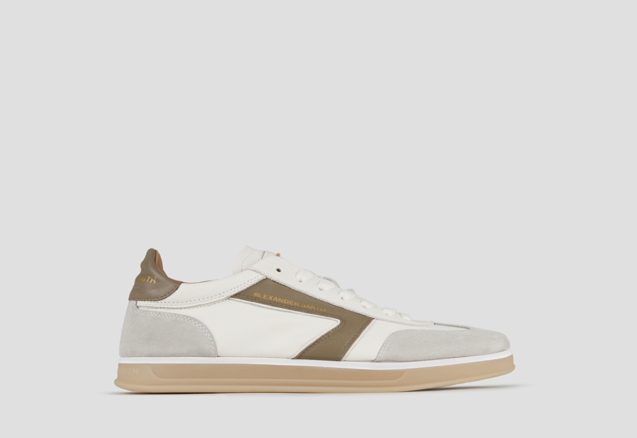 Sneakers Alexander Smith thames man in white leather, grey suede and green olive logo - 1