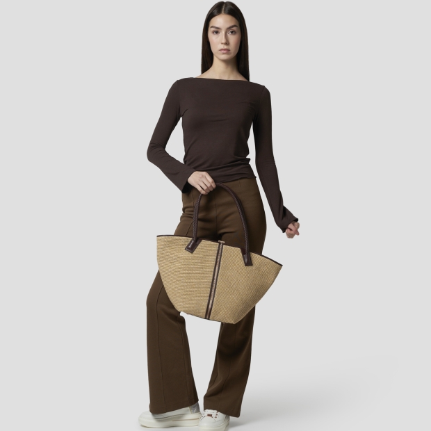 Sneakers Alexander Smith lauren large shoulder bag in beige rafia and brown woven handle - 7
