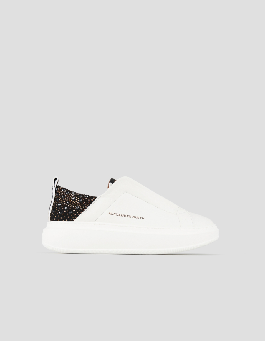 Sneakers Alexander Smith wembley slip-on woman in white leather and black back with rhinestones - 1