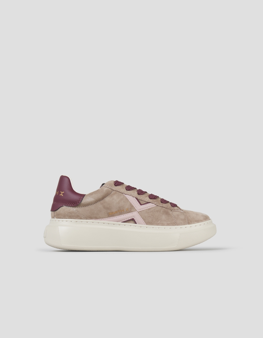 Sneakers Alexander Smith college woman in taupe suede, pink lateral logo and burgundy back - 1