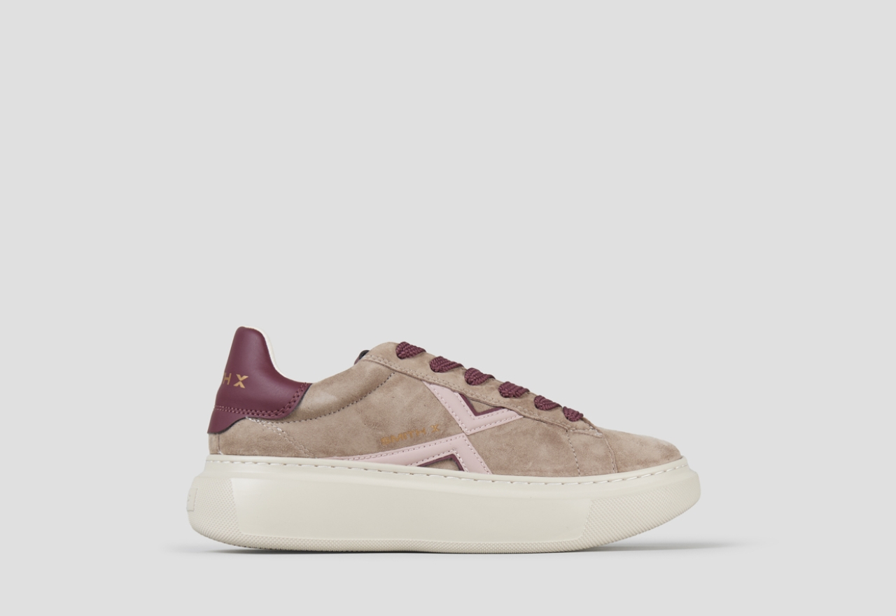 Sneakers Alexander Smith college woman in taupe suede, pink lateral logo and burgundy back - 1