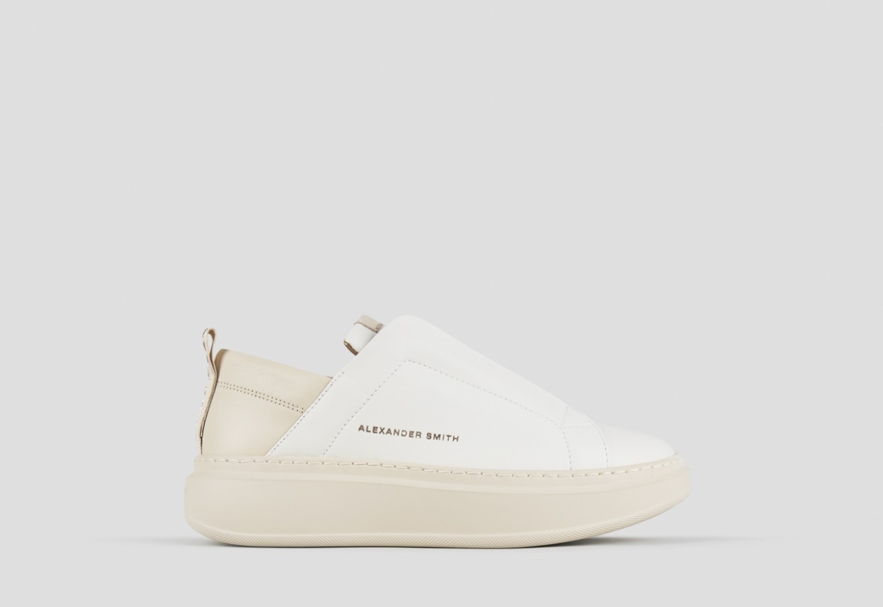 Sneakers Alexander Smith wembley slip-on donna in pelle bianca con tallone e suola beige - 1