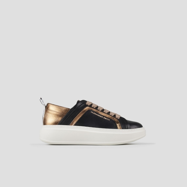 Sneakers Alexander Smith wembley donna in pelle nera con nervatura laterale e tallone bronzo - 1