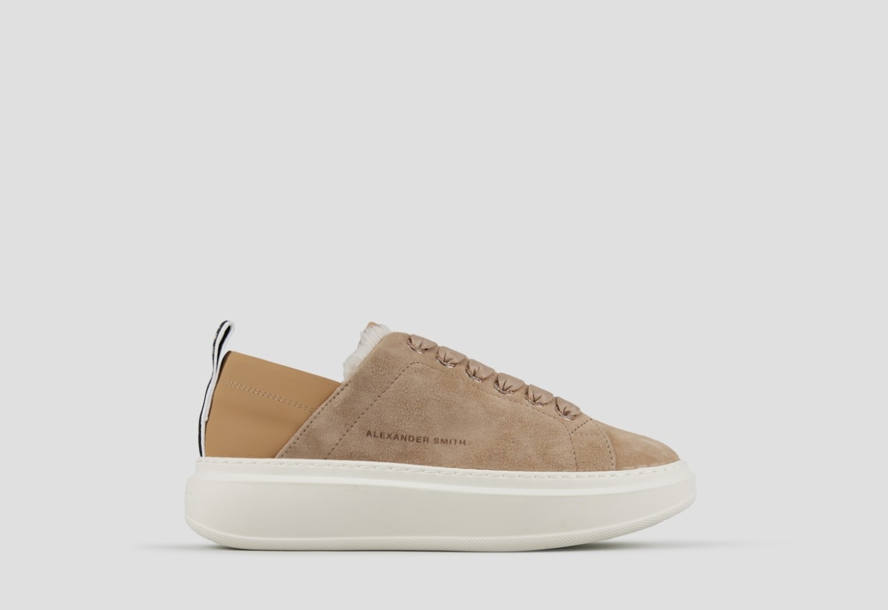 Sneakers Alexander Smith wembley donna in suede beige e fodera in eco-pelliccia bianca - 1
