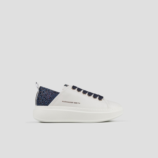 Sneakers Alexander Smith wembley donna in pelle bianca e tallone blu con strass - 1