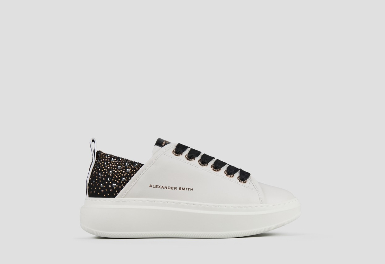 Sneakers Alexander Smith wembley donna in pelle bianca e tallone nero con strass - 1