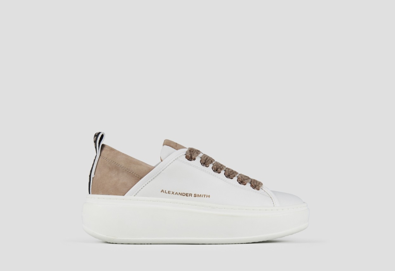 Sneakers Alexander Smith wembley alta donna in pelle bianca e tallone in suede beige - 1