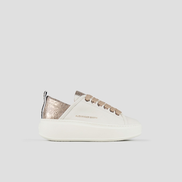 Sneakers Alexander Smith wembley alta donna in pelle bianca e tallone in pelle cracklè laminata beige - 1