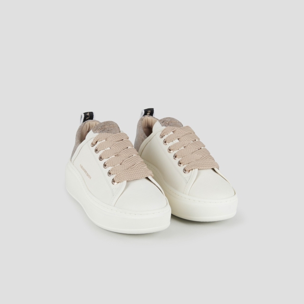Sneakers Alexander Smith wembley alta donna in pelle bianca e tallone in pelle cracklè laminata beige - 3
