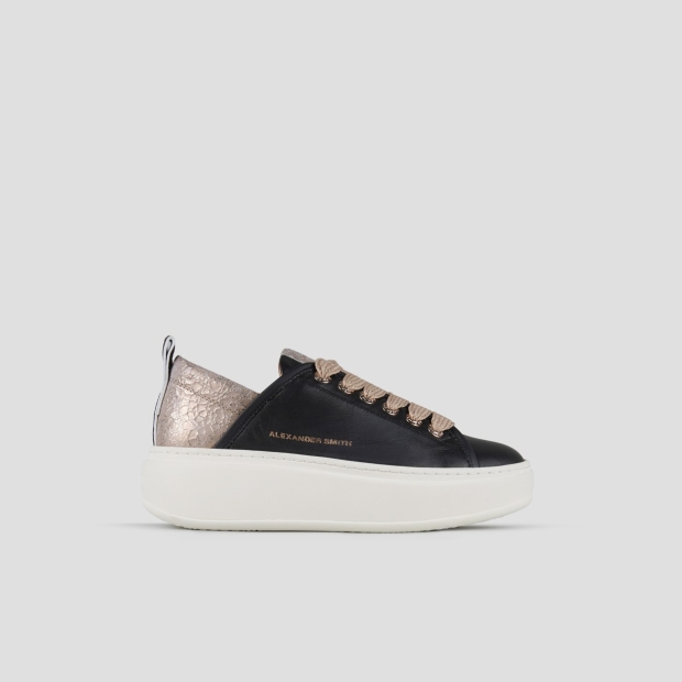 Sneakers Alexander Smith wembley alta donna in pelle nera e tallone in pelle cracklè laminata beige - 1