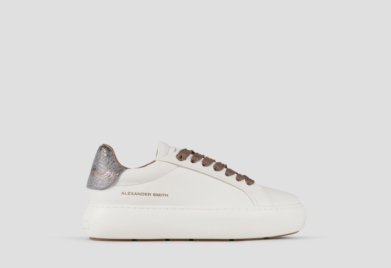 Sneakers Alexander Smith soho donna in morbida pelle bianca e tallone cracklè laminato bronzo - 1