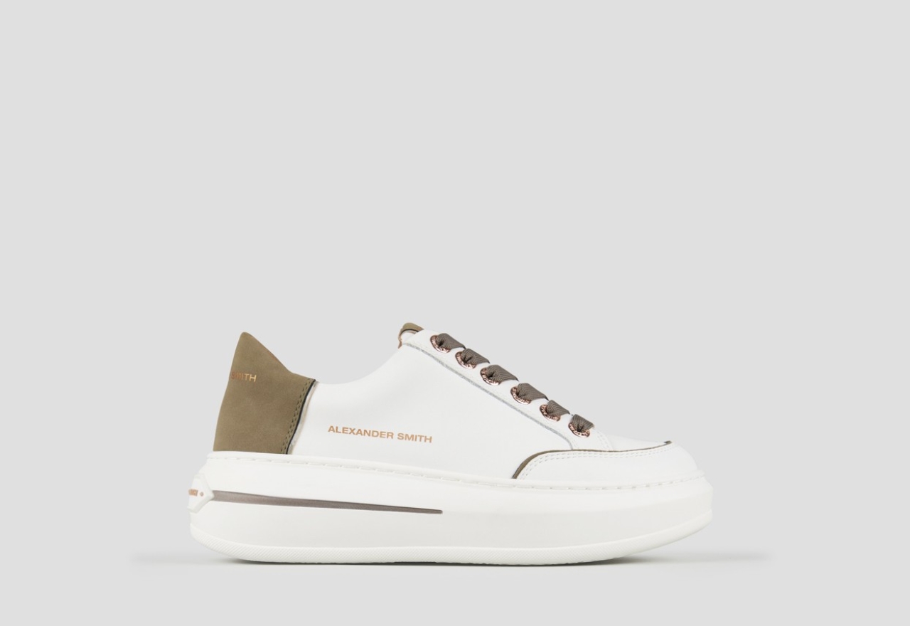 Sneakers Alexander Smith lancaster donna in pelle bianca e tallone in suede verde militare - 1