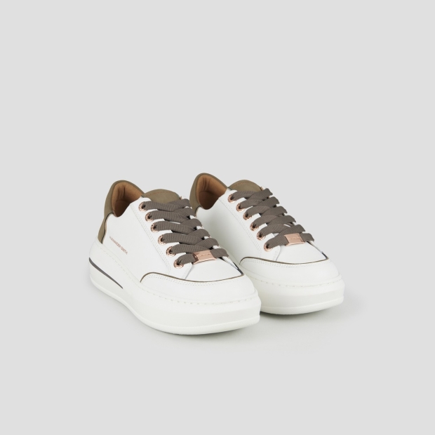 Sneakers Alexander Smith lancaster donna in pelle bianca e tallone in suede verde militare - 3