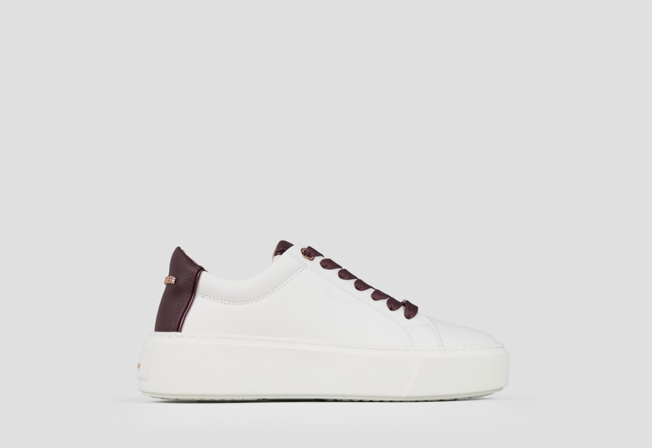 Sneakers Alexander Smith london alta donna in pelle liscia bianca e tallone in pelle palmellata bordeaux - 1