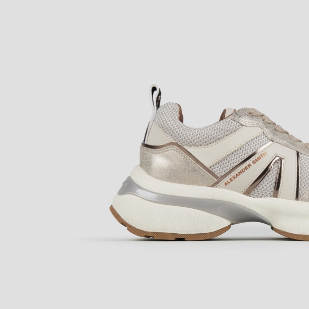 Sneakers Alexander Smith victoria donna in tessuto mesh e laminato polveroso avorio con dettagli oro - 2