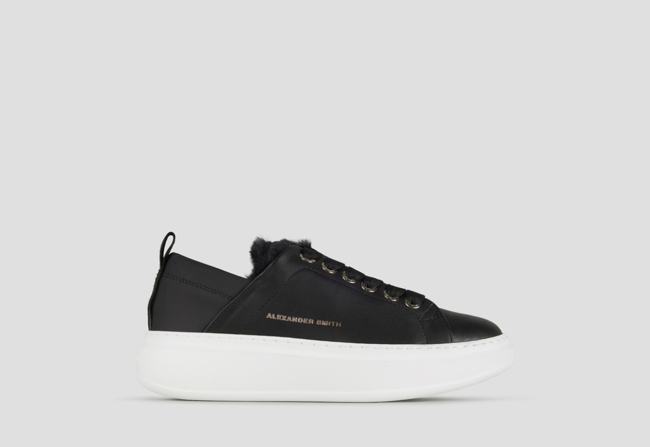 Sneakers Alexander Smith wembley donna in pelle nera e fodera in eco-pelliccia - 1