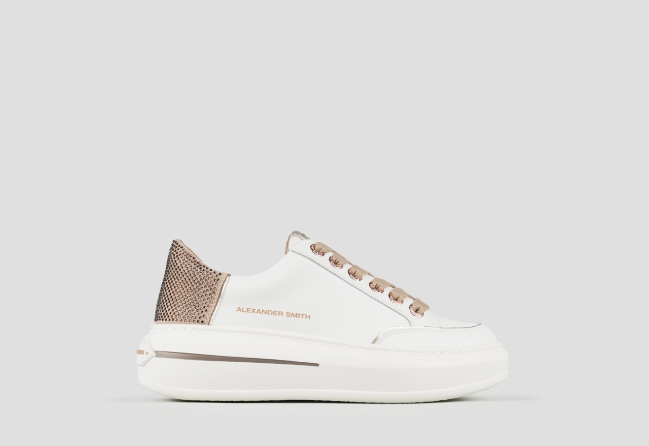 Sneakers Alexander Smith lancaster donna in pelle bianca e tallone beige con microborchie - 1