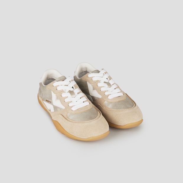 Sneakers Alexander Smith mist donna in suede sabbia e laminato oro, con tallone e logo in bianco - 4
