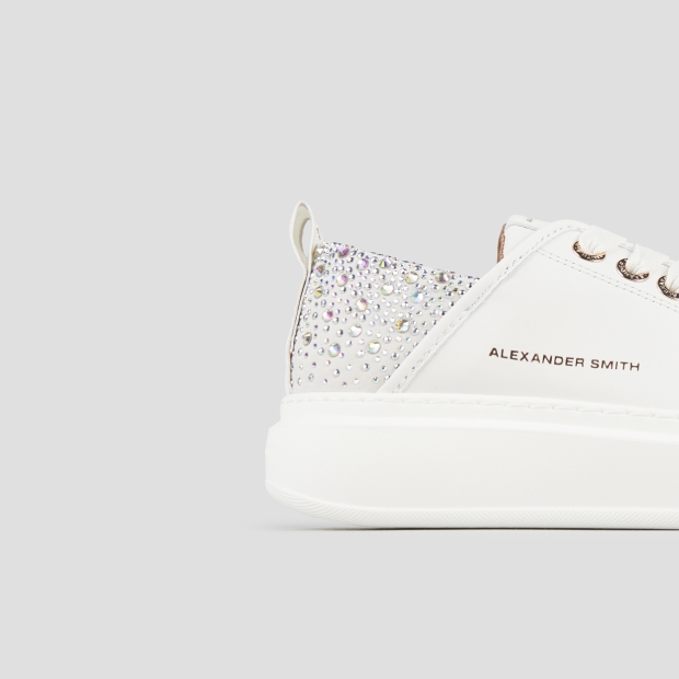 Sneakers Alexander Smith wembley donna in pelle bianca e tallone grigio con strass iridescenti - 3