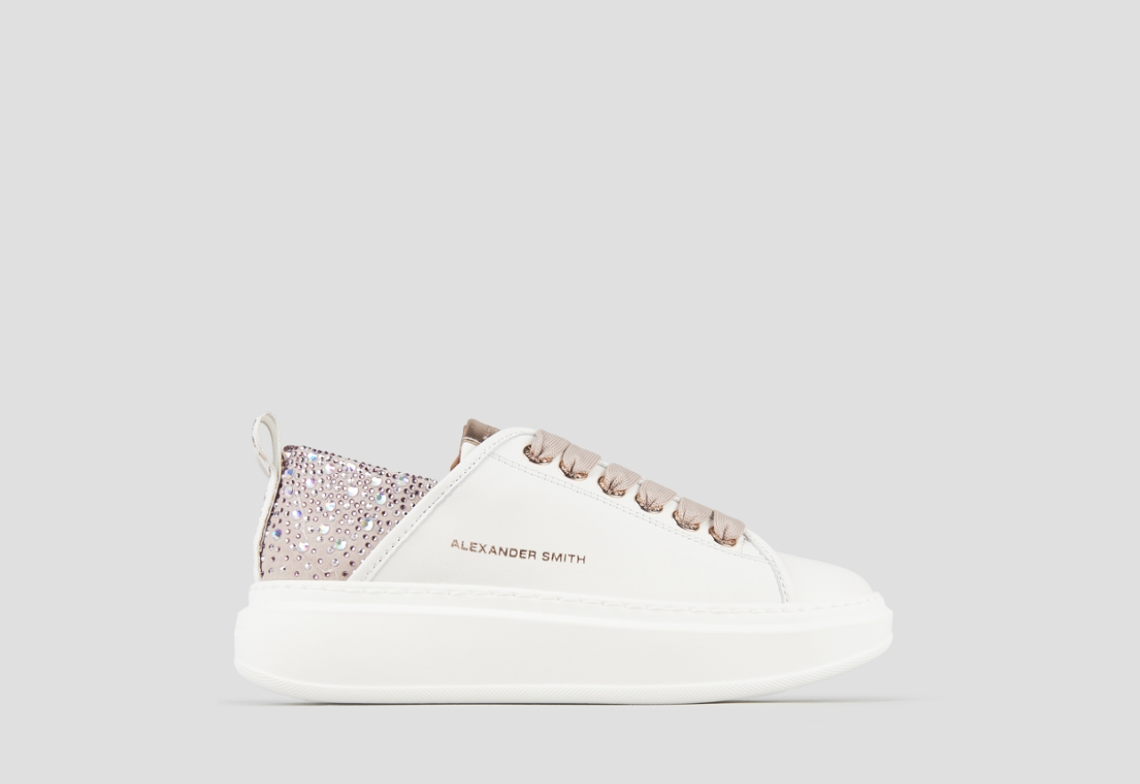 Sneakers Alexander Smith wembley donna in pelle liscia bianca e tallone rosa con strass - 1