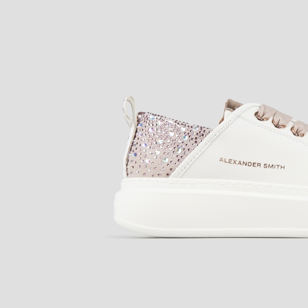 Sneakers Alexander Smith wembley donna in pelle liscia bianca e tallone rosa con strass - 3