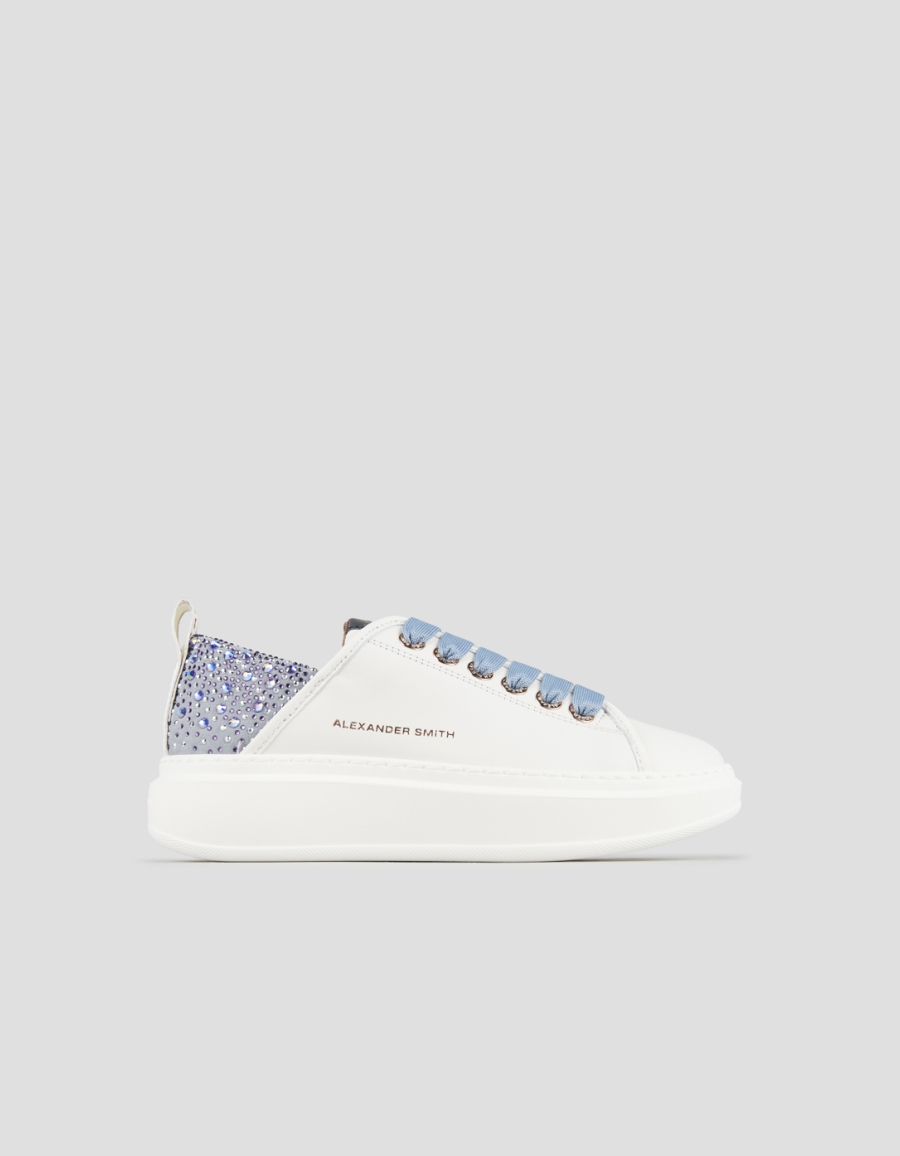 Sneakers Alexander Smith wembley donna in pelle bianca e tallone azzurro con strass - 1
