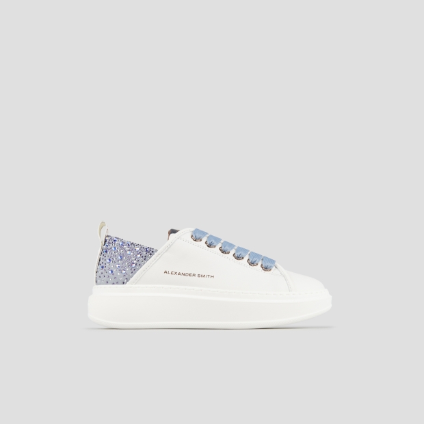 Sneakers Alexander Smith wembley donna in pelle bianca e tallone azzurro con strass - 1