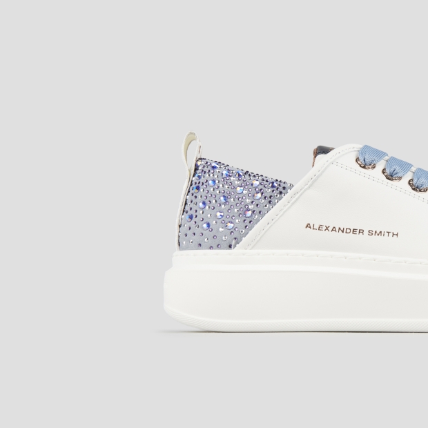 Sneakers Alexander Smith wembley donna in pelle bianca e tallone azzurro con strass - 3
