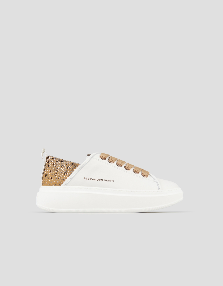 Sneakers Alexander Smith wembley donna in pelle bianca e tallone marrone con strass - 1