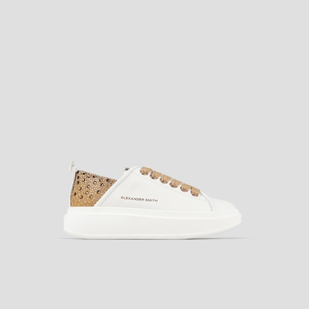 Sneakers Alexander Smith wembley donna in pelle bianca e tallone marrone con strass - 1