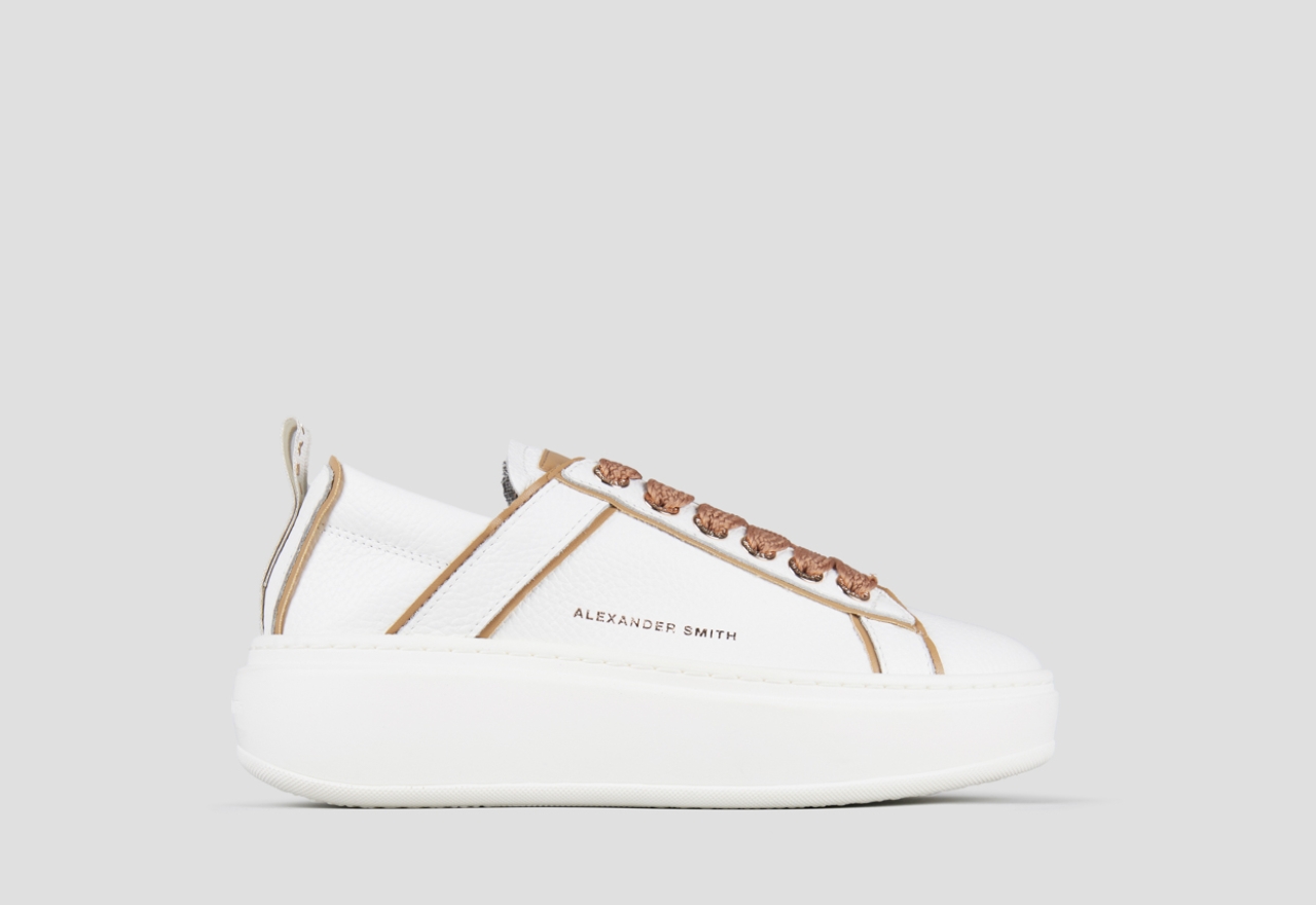 Sneakers Alexander Smith wembley alta donna in pelle bottalata bianca e dettagli marroni - 1