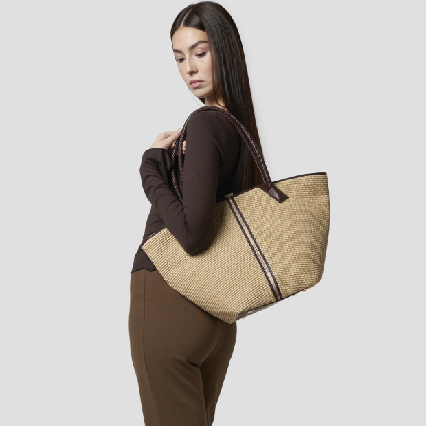 Sneakers Alexander Smith lauren large borsa a spalla in rafia beige e manico intrecciato marrone - 2