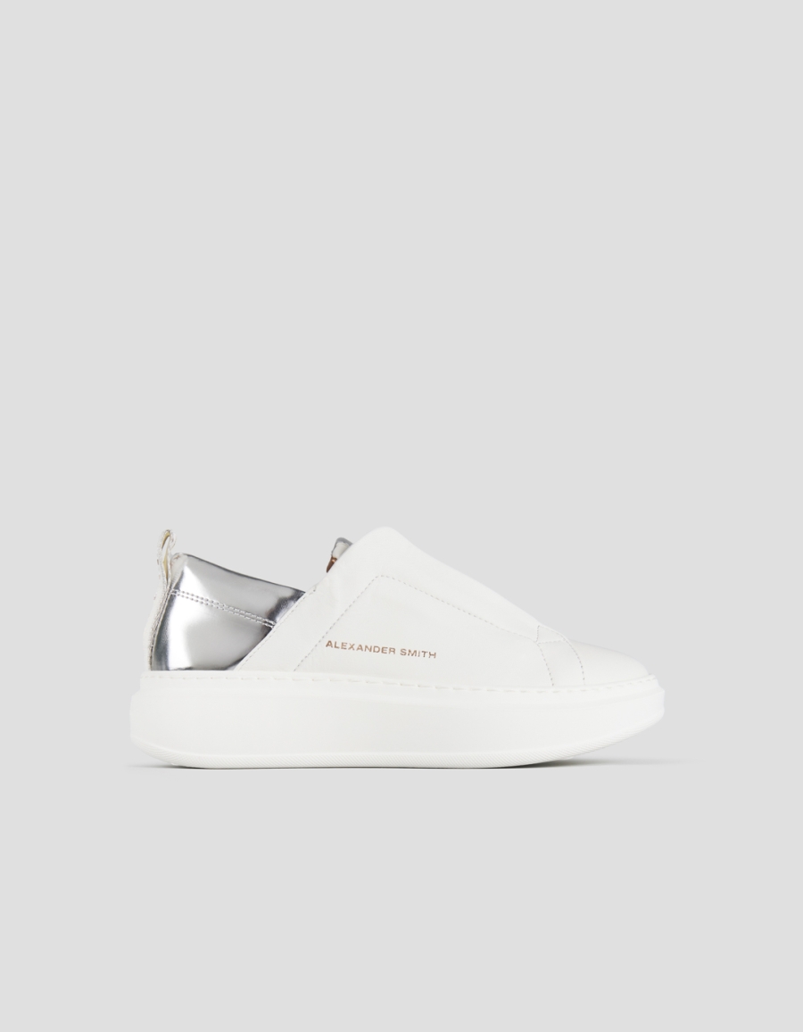 Sneakers Alexander Smith wembley slip-on donna in pelle bianca e tallone in laminato argento - 1