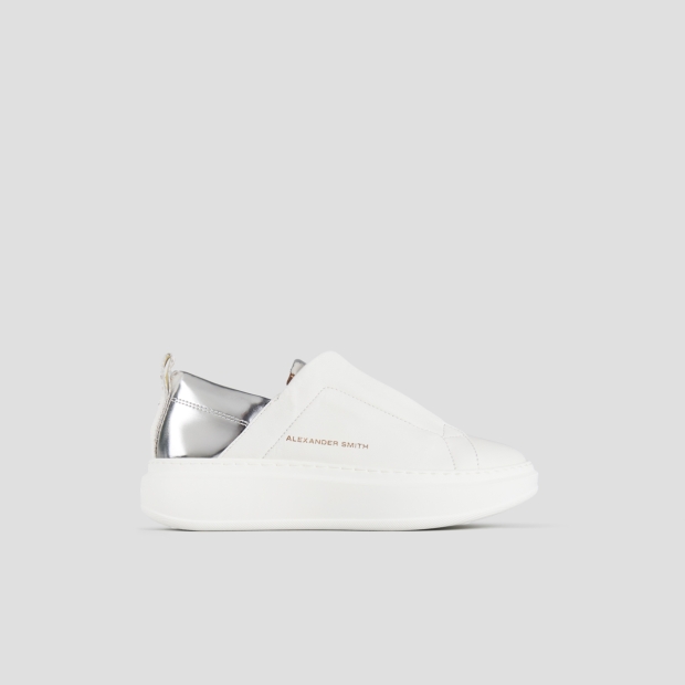 Sneakers Alexander Smith wembley slip-on donna in pelle bianca e tallone in laminato argento - 1