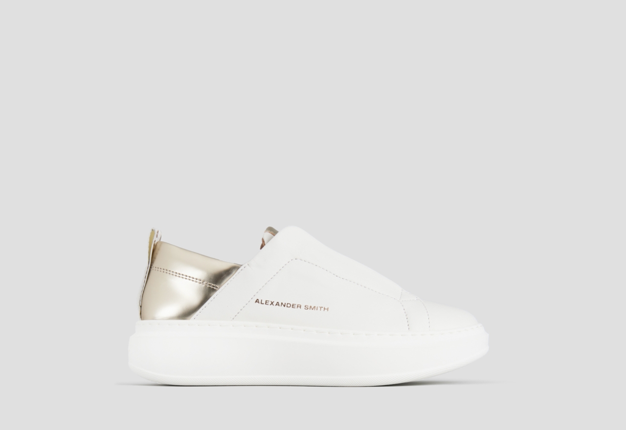 Sneakers Alexander Smith wembley slip-on donna in pelle bianca e tallone in laminato oro - 1