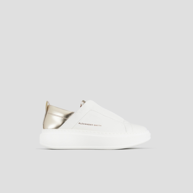 Sneakers Alexander Smith wembley slip-on donna in pelle bianca e tallone in laminato oro - 1