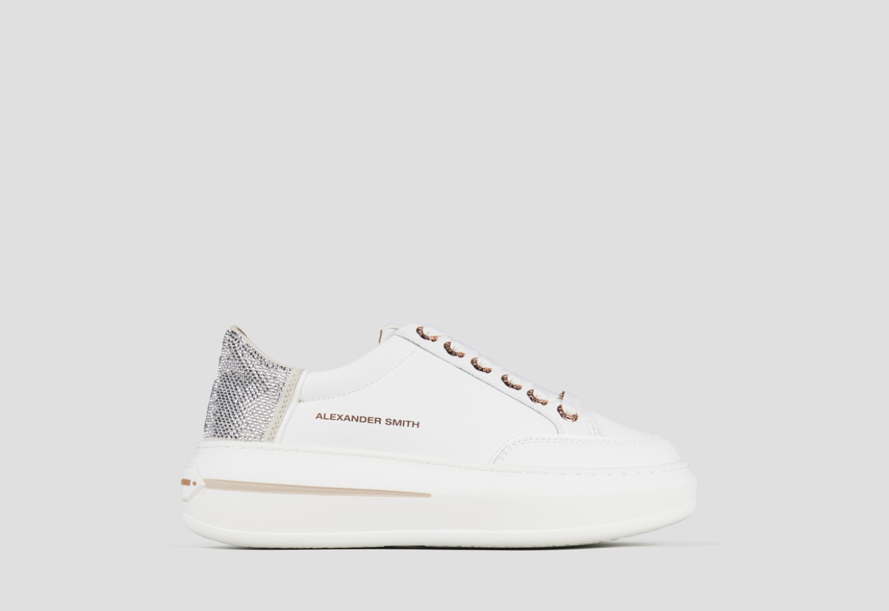 Sneakers Alexander Smith lancaster donna in pelle bianca e tallone con strass argento - 1