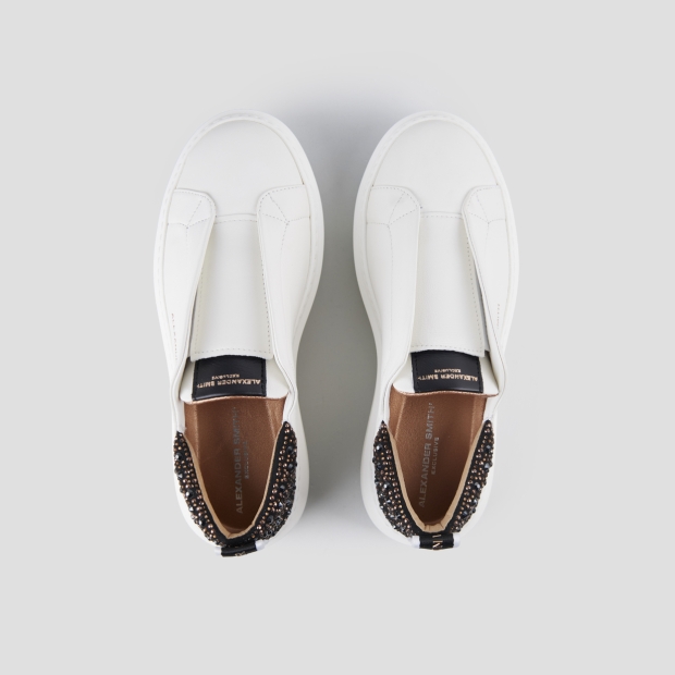 Sneakers Alexander Smith wembley slip-on donna in pelle bianca e tallone nero con strass - 6