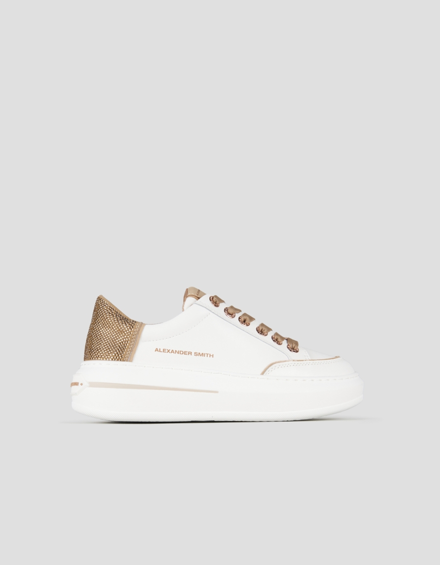 Sneakers Alexander Smith lancaster donna in pelle bianca e tallone con strass marroni - 1