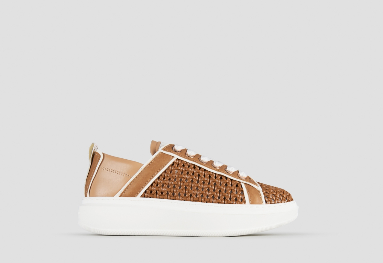 Sneakers Alexander Smith wembley donna in pelle intrecciata marrone chiaro e tallone in pelle liscia beige - 1