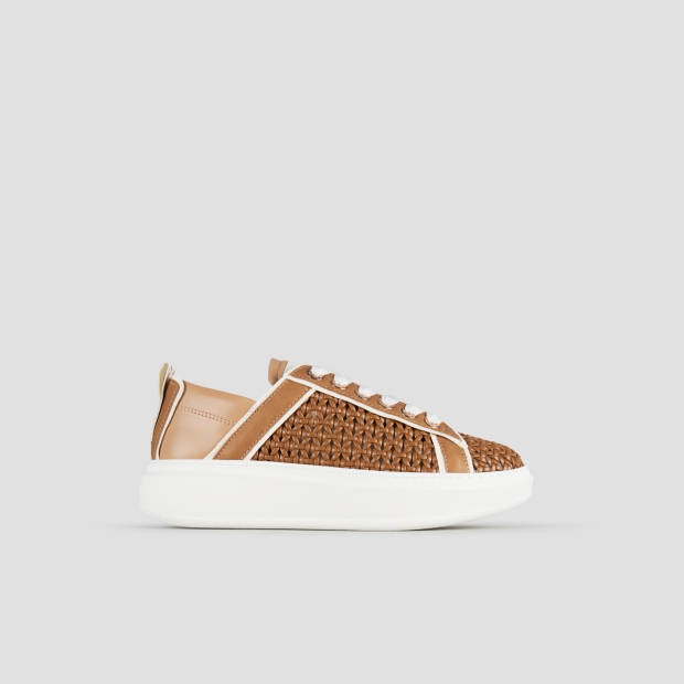 Sneakers Alexander Smith wembley donna in pelle intrecciata marrone chiaro e tallone in pelle liscia beige - 1
