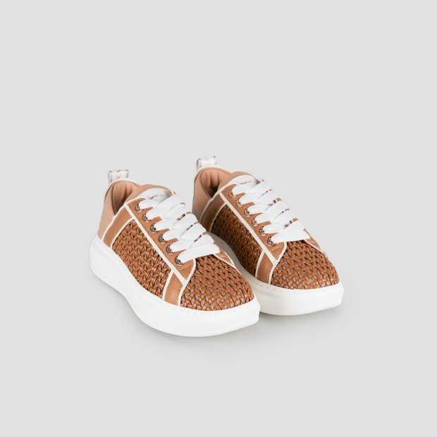 Sneakers Alexander Smith wembley donna in pelle intrecciata marrone chiaro e tallone in pelle liscia beige - 4