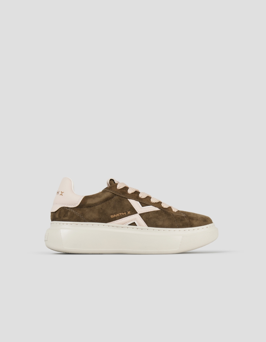 Sneakers Alexander Smith college donna in suede verde, tallone e logo laterale rosa - 1