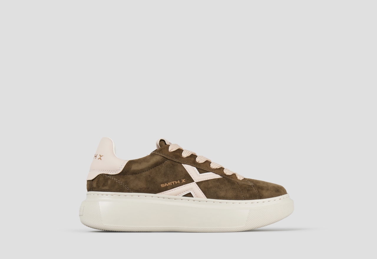 Sneakers Alexander Smith college donna in suede verde, tallone e logo laterale rosa - 1