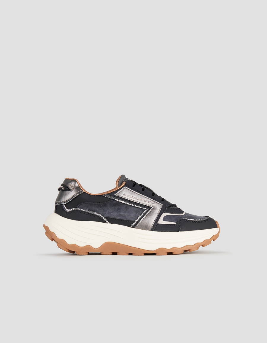 Sneakers Alexander Smith windsor donna in pelle e camoscio nero, e laminato argento - 1